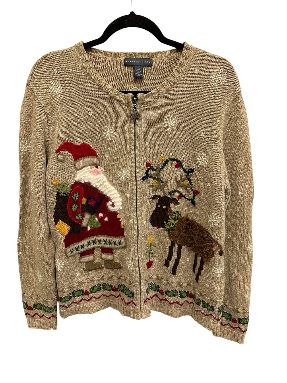 Northern Isles embroidered Santa and reindeer zip front cardigan sweater Size L